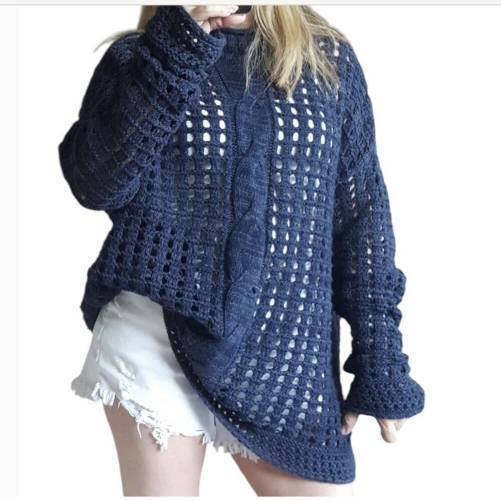 Free People Navy Blue Open Knit Cableknit Sweater Size Medium - Picture 1 of 6